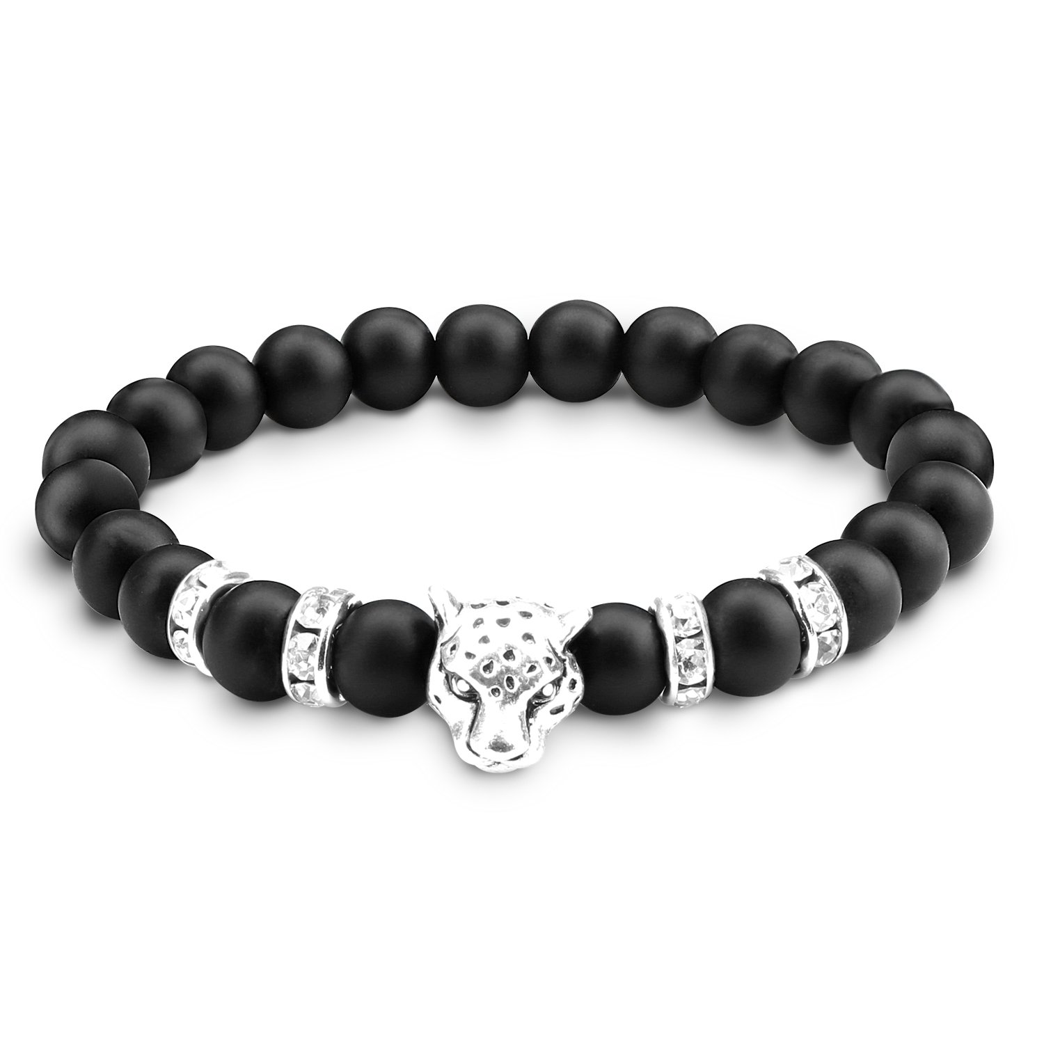 Energy Beads Bracelet,UHIBROS Unisex Natural Tiger Eyes,Black Matte,Weathering Agate Natural Gemstone Beads Stretch Bracelets With Leopard Head Gold,Silver