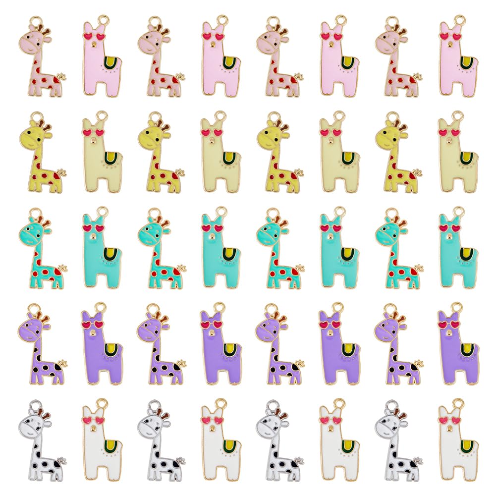 SUPERFINDINGS 40Pcs 5 Colors Giraffe & Alpaca Pendants 2 Styles Alloy Enamel Dangle Charms Animal Theme Mixed Color Yellow Pink Pendants Charms Earrings Necklaces Bracelets Charms for Jewelry Making