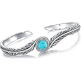DOLIOX Genuine Turquoise Vintage Leaf Bracelet Bangle, Sterling Silver Boho Adjustable Cuff Native American Jewelry for Women, Fit for 6.5 7 7.5 Inches