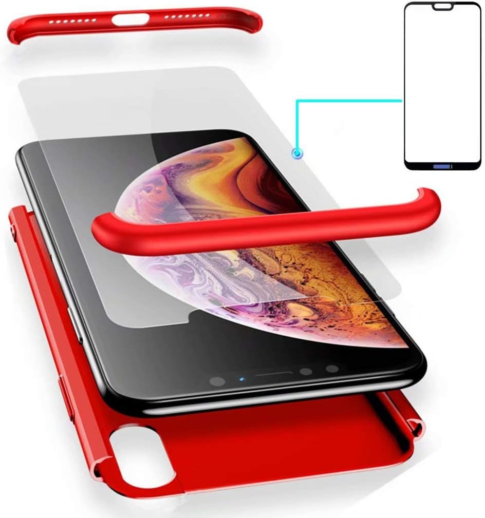 AILZH Compatible Huawei P20 Lite Case 360° Protective Cover AILZH PC Hard Shell Anti-Shock Anti-Scratch Bumper 360 Degree Matte Phone cover case (5.84"red)+Tempered glass film