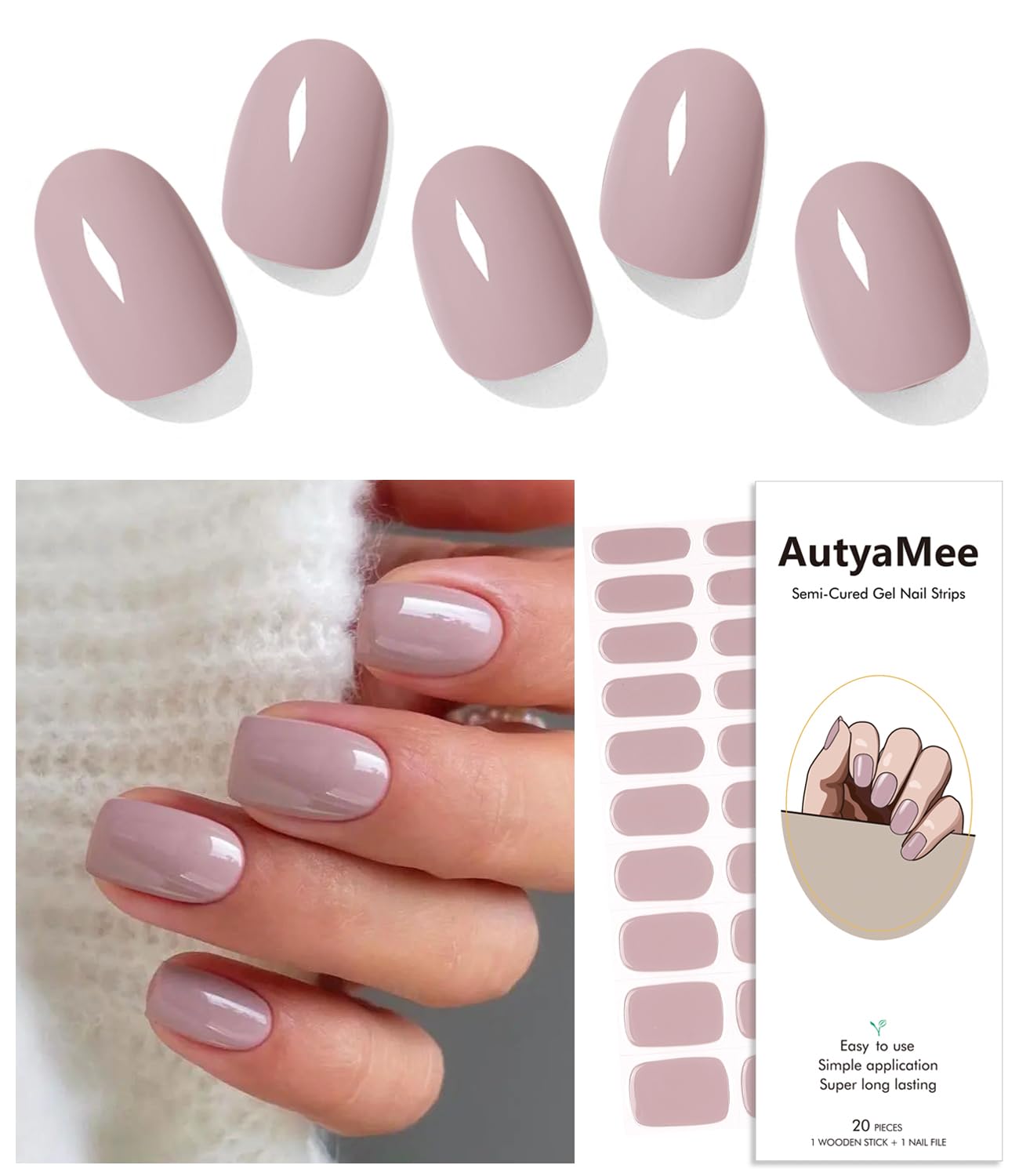 AutyaMee Semi Cured Gel Nail Strips (Purple Grey), 20 Pcs Gel Nail Wraps, Stickers, UV Light Required, Salon Quality, Long Lasting — image 1