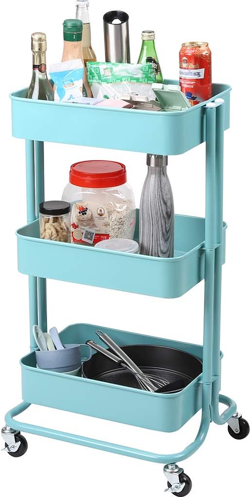 Racksphile 3-Tier Metal Rolling Storage Cart Multifunction Heavy Duty Rolling Utility Cart with Lockable Wheels Mesh Baskets Trolley Organizer Cart for Bathroom Kitchen Kids’ Room Laundry Room (Blue)