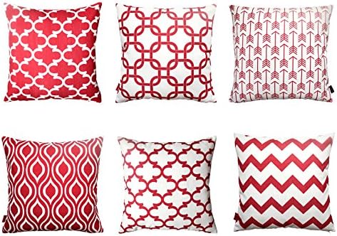 Howarmer Modern Geometric Decorative Cotton Canvas Throw Pillow Covers Set, 18 x 18 Inches, 6 Pack (18 x18-Inch, red)
