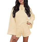 Tankaneo Womens 2 Piece Short Sets Bell Sleeve Mock Neck Oversized Sweater and Shorts Fall Sweater Sets Lounge Matching Set