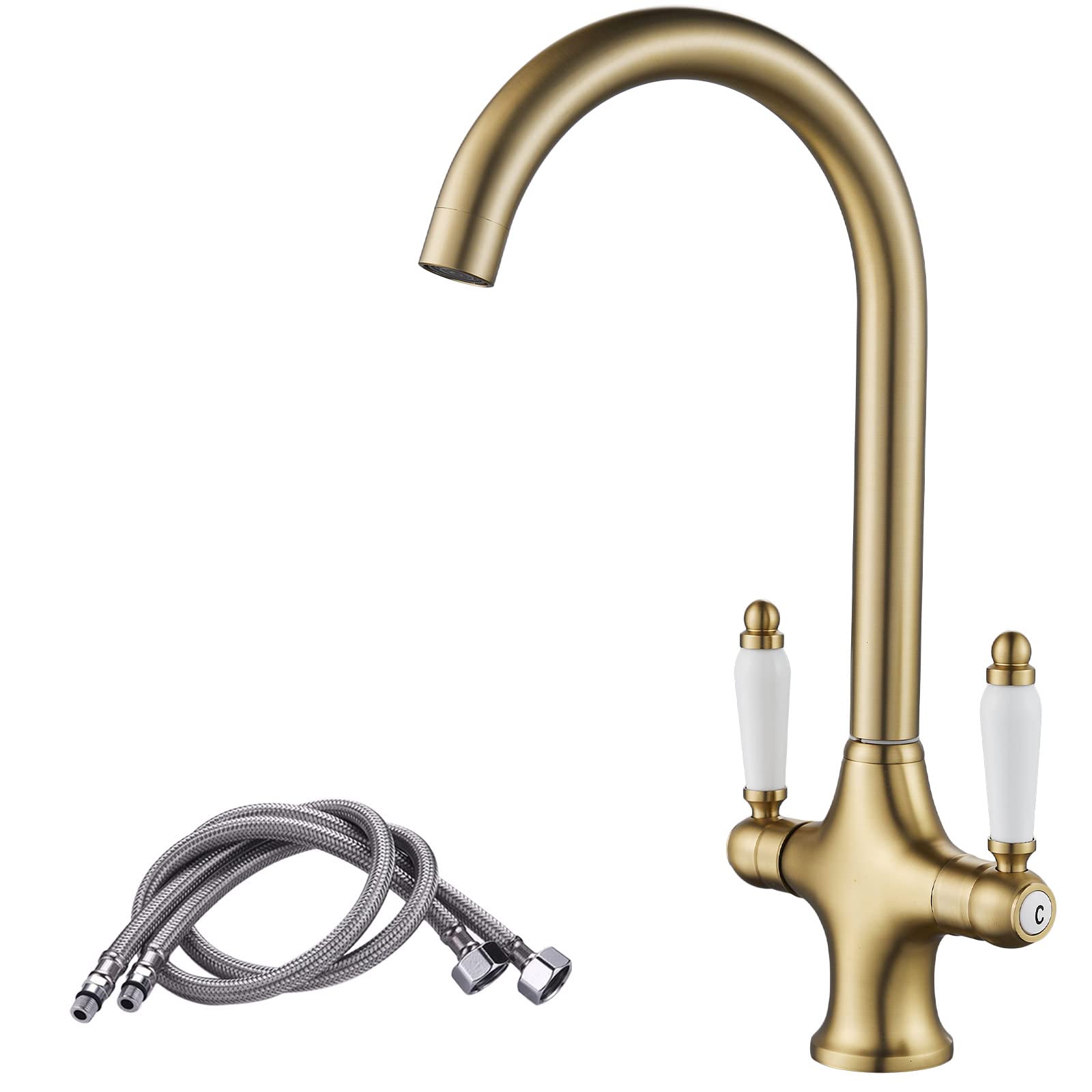 NewEast Traditional Dual Ceramic Lever Swivel Spout Kitchen Sink Mixer Tap, Monobloc Brushed Gold