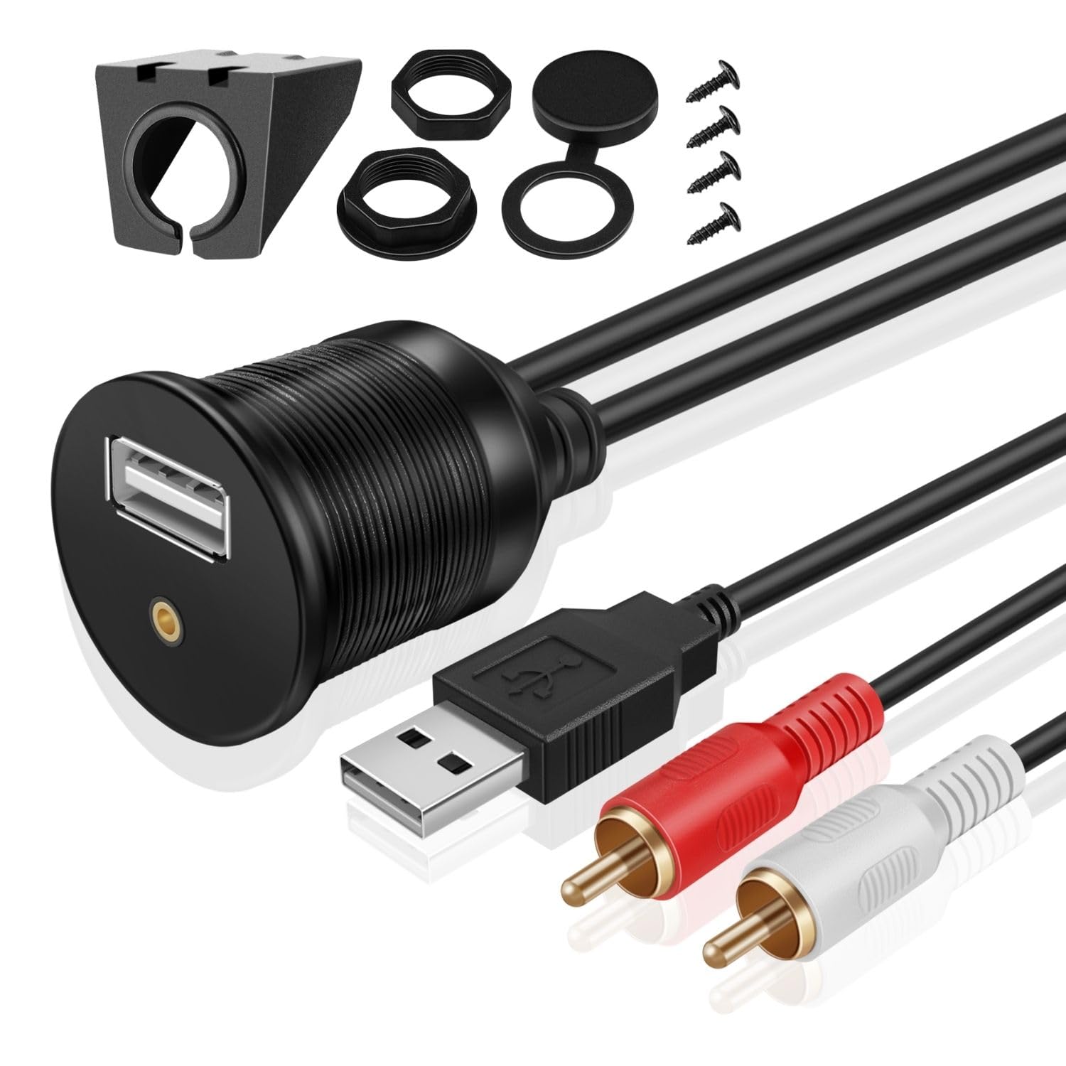 TNP USB RCA Flush Mount Cable - Dashboard Panel Dash Mount Port USB + RCA to 3.5mm AUX Socket Jack Plug Connector Extension Wire Cord for Car Truck Trailer Boat Motorcycle (1M / 3FT)