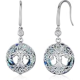 Hagkew Tree of Life Earrings 925 Sterling Silver Family Tree Dangle Drop Earrings Blue Circle Crystal Jewelry Birthday Christmas Gifts for Women Mom