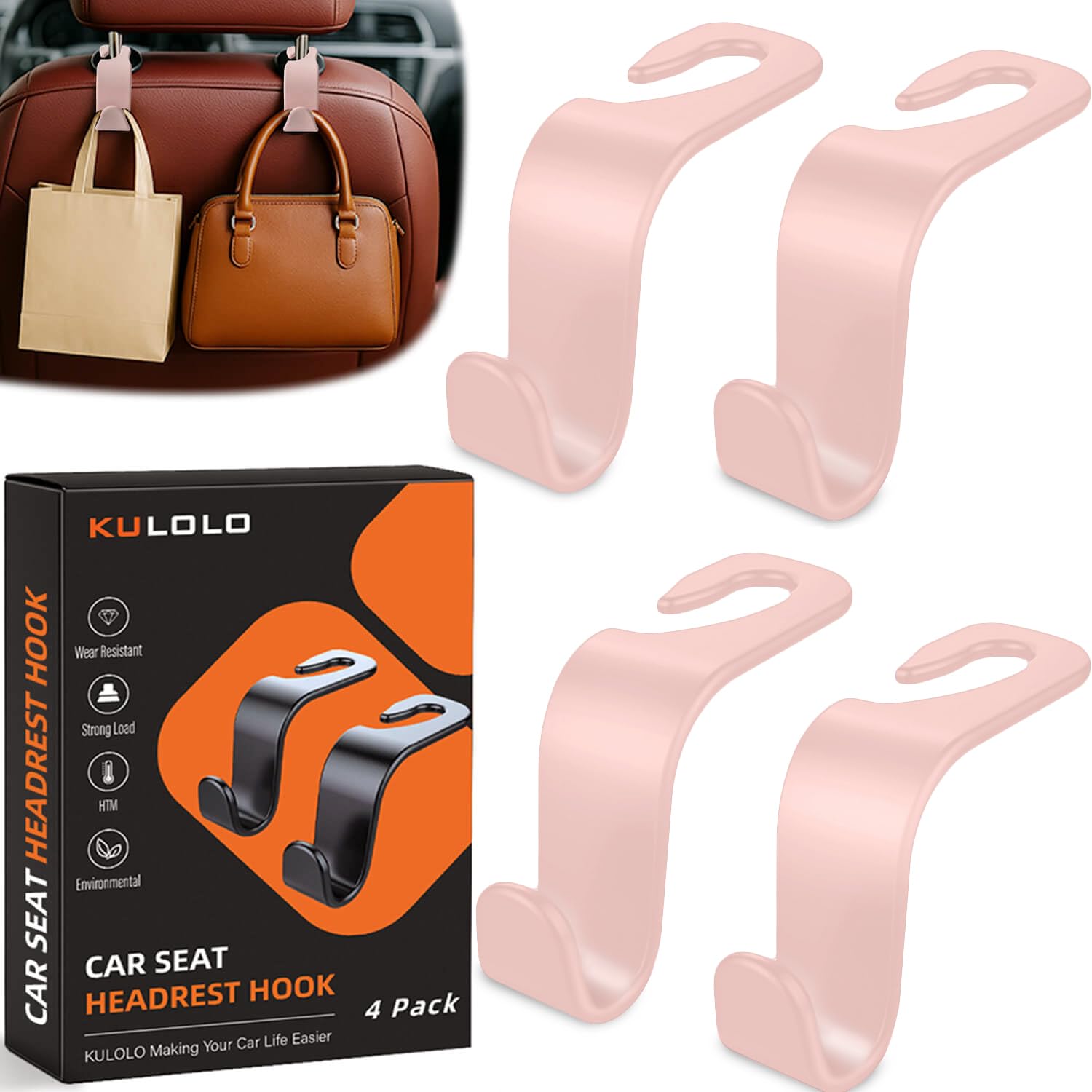 Photo 1 of KULOLO Car Seat Hooks & Purse Holder - 4 Pack Boxed,55 lb Heavy Duty,Eco PP Car Hooks for Purse/Bag/Baby Gear/Gym Bag/Groceries/Cup/,Fits 0.32-0.55”Car Headrest Rods (Pink)