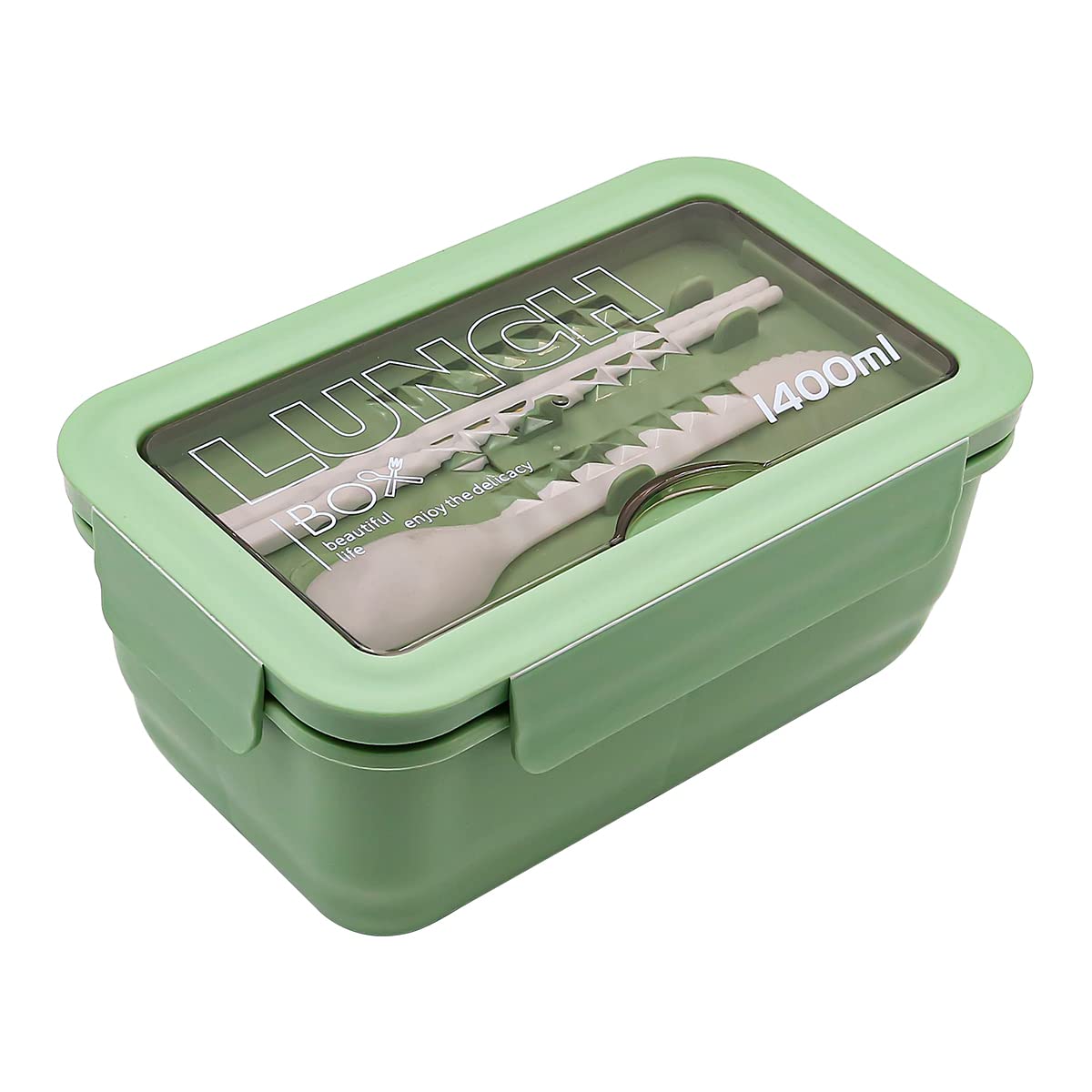 NUZAMAS Square Bento Box & Cutlery Fork Spoon, Leak Proof Three compartments 1400ml Capacity, Light Green Color, Meal Prep Container Box for Adults Kids Students Office Microwave Safe