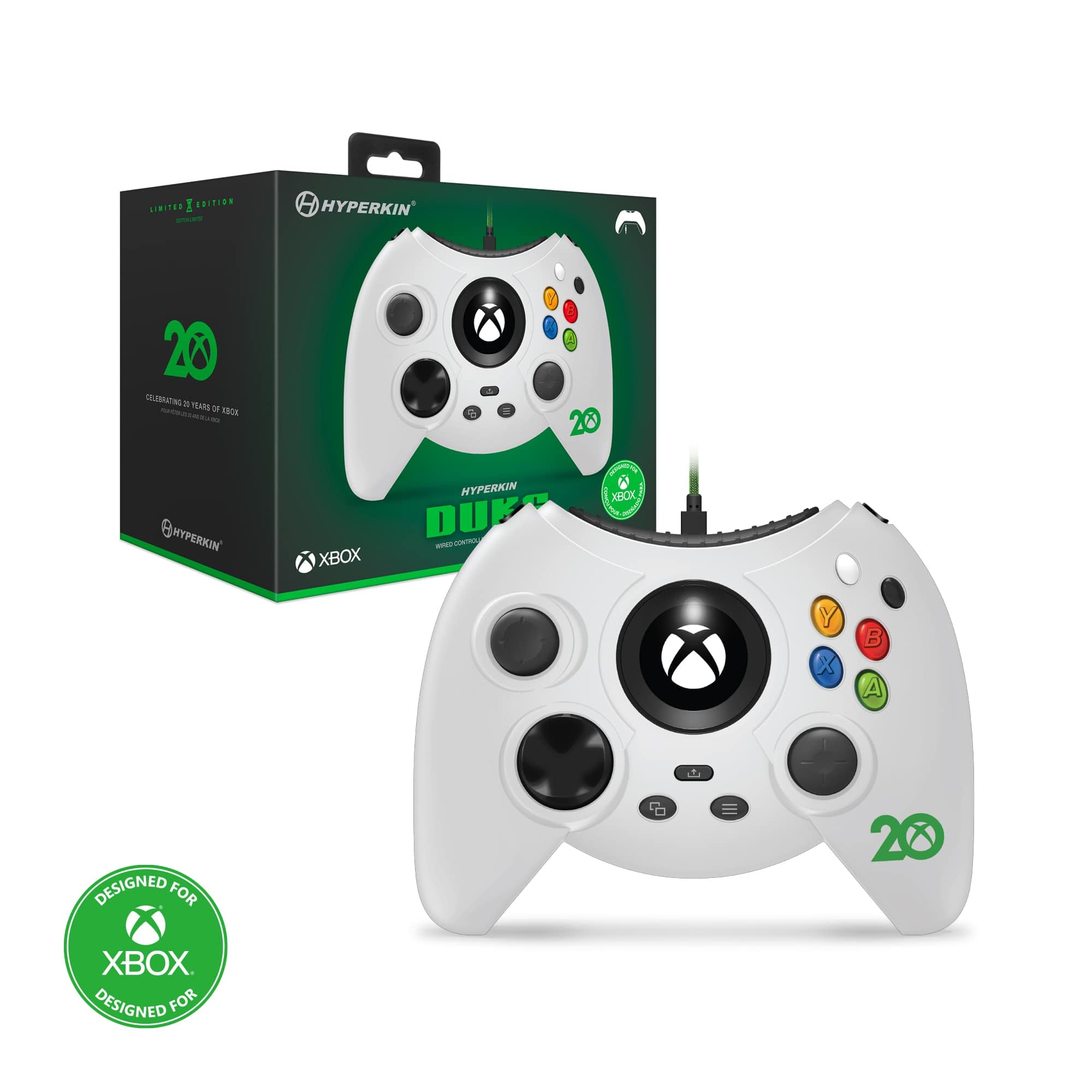 Controlador con cable Hyperkin Duke para Xbox Series X|S/Xbox One/Windows 10 -Blanco- Licencia oficial (Xbox 20th Anniversary Limited Edition)