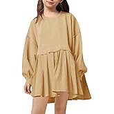 Batermoon Girls Pleated Sweatshirt Dresses Kids Fashion Long Sleeve Crew Neck Mini Dress 5-14 Years