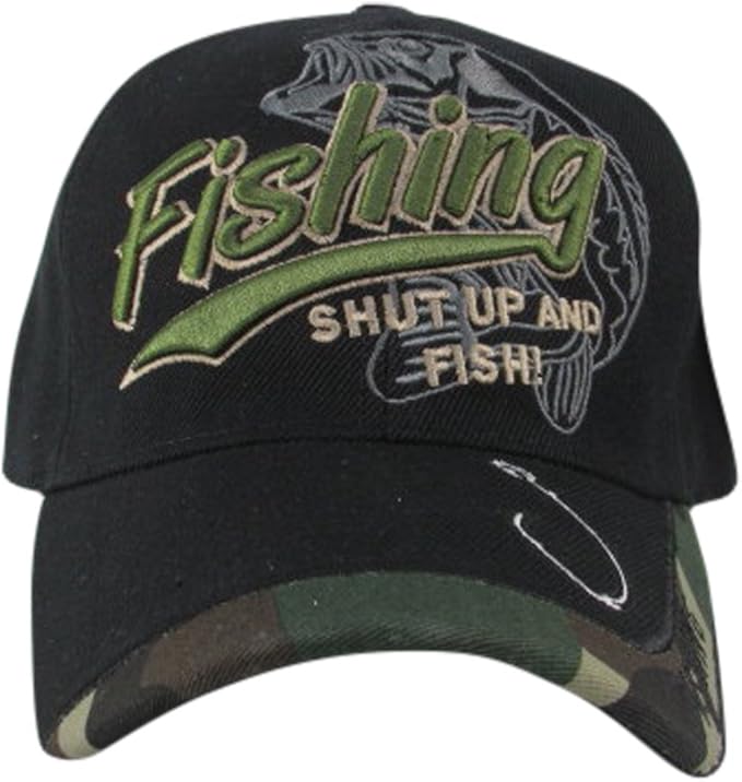 Fishing Shut Up and Fish with Hook on Visor Baseball Hat, Camouflage