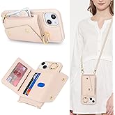Lipvina for iPhone 14 Plus Case with Card Holder and Strap - Zipper Pocket,Crossbody Lanyard Strap,Credit Card Holder,Stand Ring,Cute Phone Wallet Case for Women(Beige,6.7 Inch)