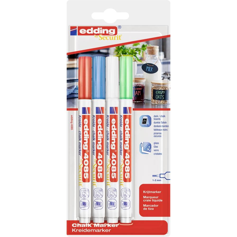 edding 4085 chalk marker - red, white, blue, green (basic) - 4 chalk pens - round nib 1-2 mm, wet wipe pen for chalkboards, windows, glass, mirrors - liquid chalk marker pens for opaque coverage