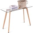 ivinta Glass Office Desk, 43" Rectangular Computer Desk with Solid Wood Legs, Modern Vanity Table for Living Room, Home Office, Dining Room, TAM-WT