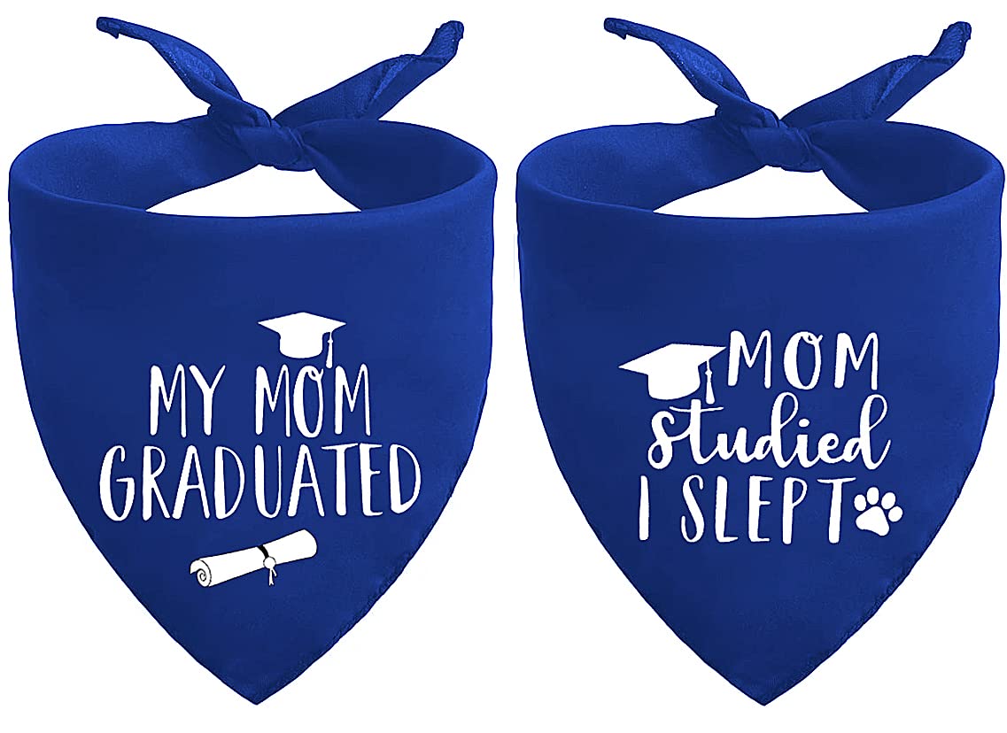 Photo 1 of 2025 Blue Graduation Dog Bandanas Puppy Scarf - My Mom Graduated Dog Outfits - 2 Pcs Adjustable Triangle Double-Layer Reversible Pet Bandanas for Small Medium Large Dogs