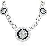 Statement Lion Head King Disc Black Round Chunky Cuban Link Chain Choker Necklace for Women Men,Gold Plated Large Animal Charms Collar Necklace Hip Hop Cocktail Party Jewelry