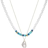 Natural Gemstone Necklaces for Women Pearl Blue Agate and Turquoise Beaded Choker Layered with 18k Gold Plated Box Chain Baroque Pearl Pendant Elegant Boho Jewelry