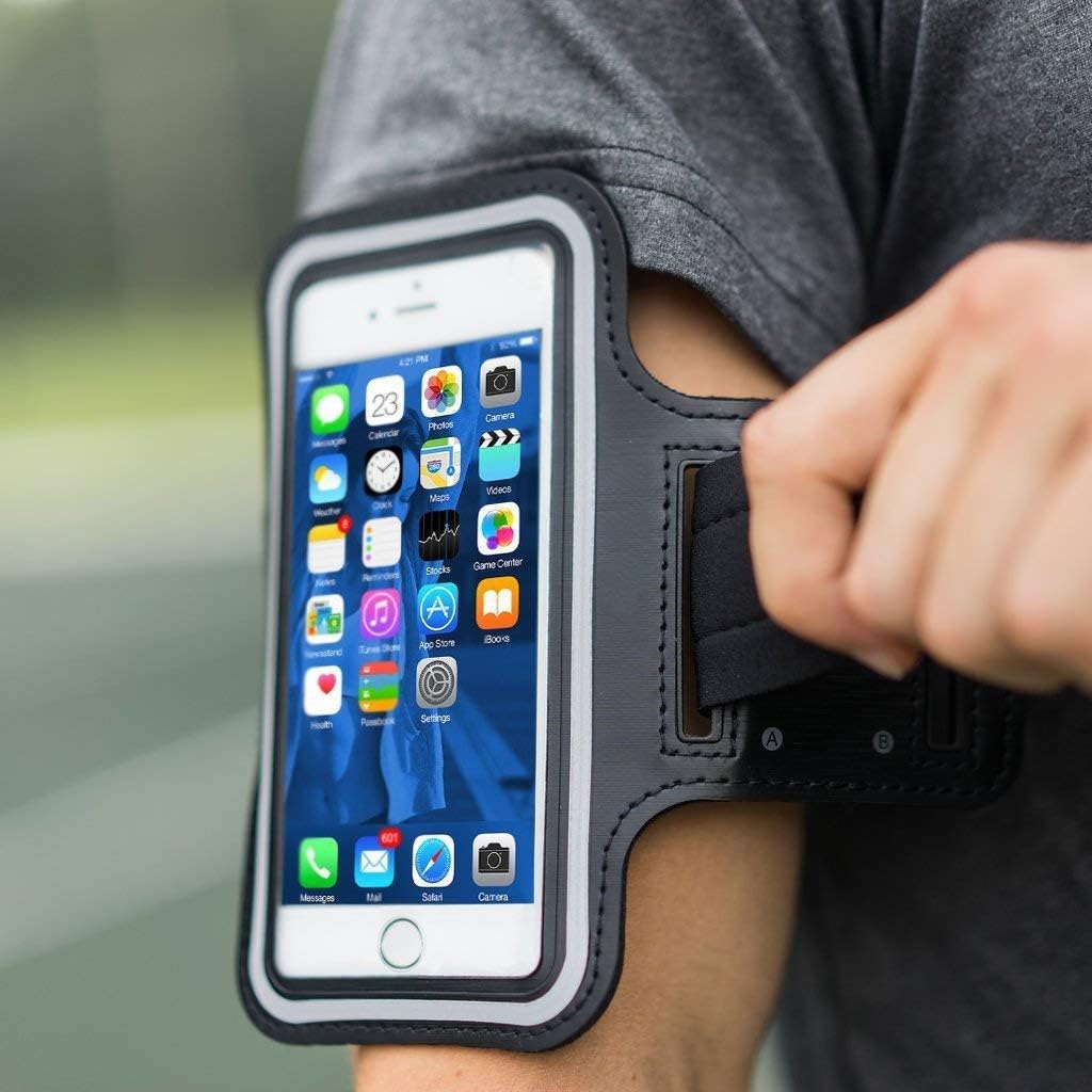 Azacus Adjustable Mobile Holder Sports Armband for Running for Screen Size Upto 6 Inches (Black with Glowing White Stripe)
