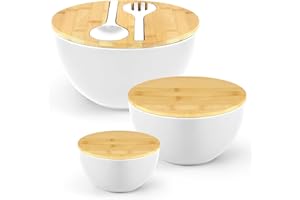 Bamboo Fiber Salad Bowls with Lid Set of 3, Salad Serving Bowl Bamboo Mixing Bowls Set with Serving Utensils for Salad, Kitch
