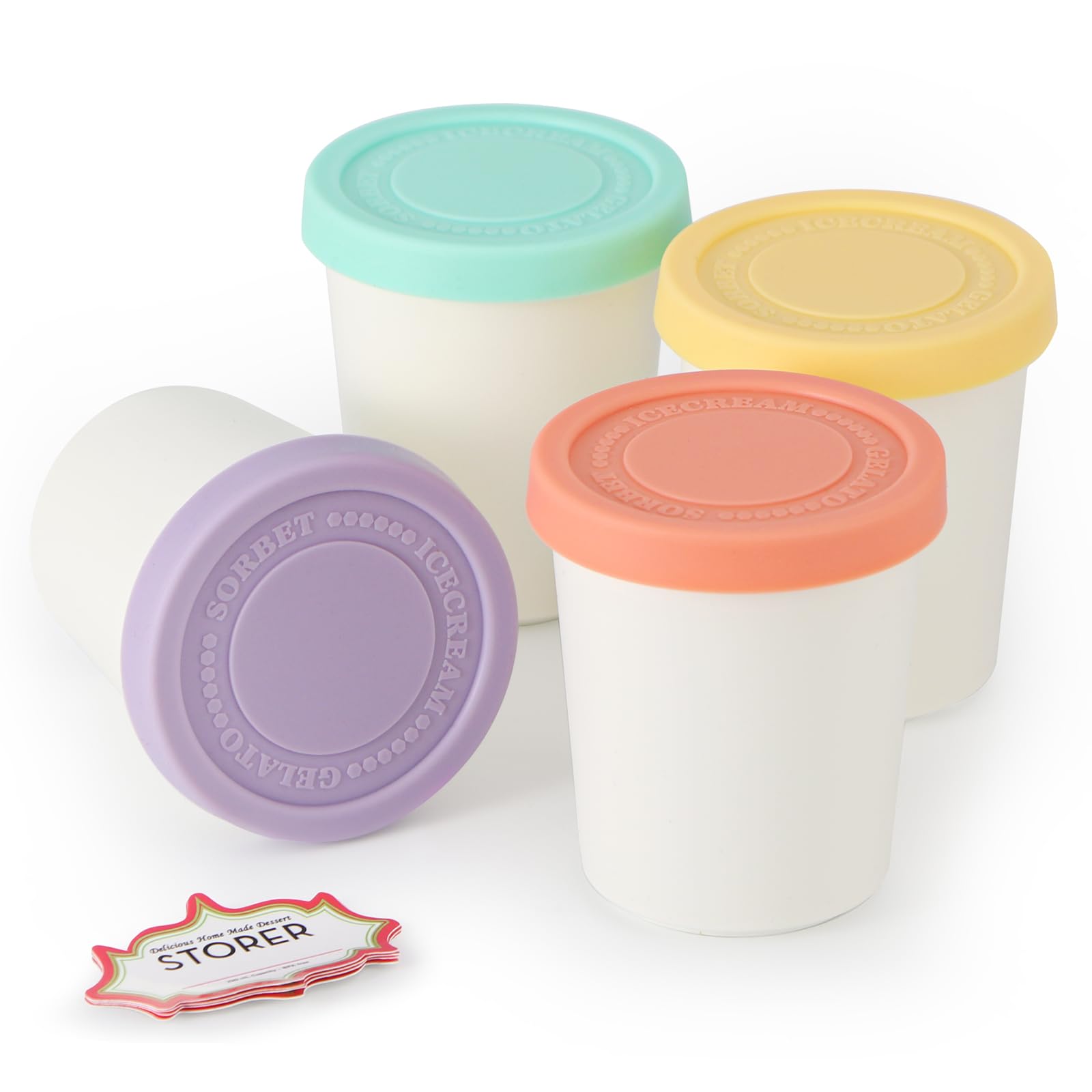 Photo 1 of Ice Cream Containers?Set of 4 Ice Cream Containers for Homemade Ice Cream?6.8oz. Each??Reusable Plastic Homemade Mini Ice Cream Storage Containers Ice Cream Cups with Silicone Lids for Freezer