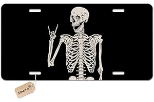Amcove Skull Human Skeleton License Plate,Human Skeleton Posing Isolated Over Black Background Vanity Metal Novelty License Plate Tag Sign,6 X 12 Inch