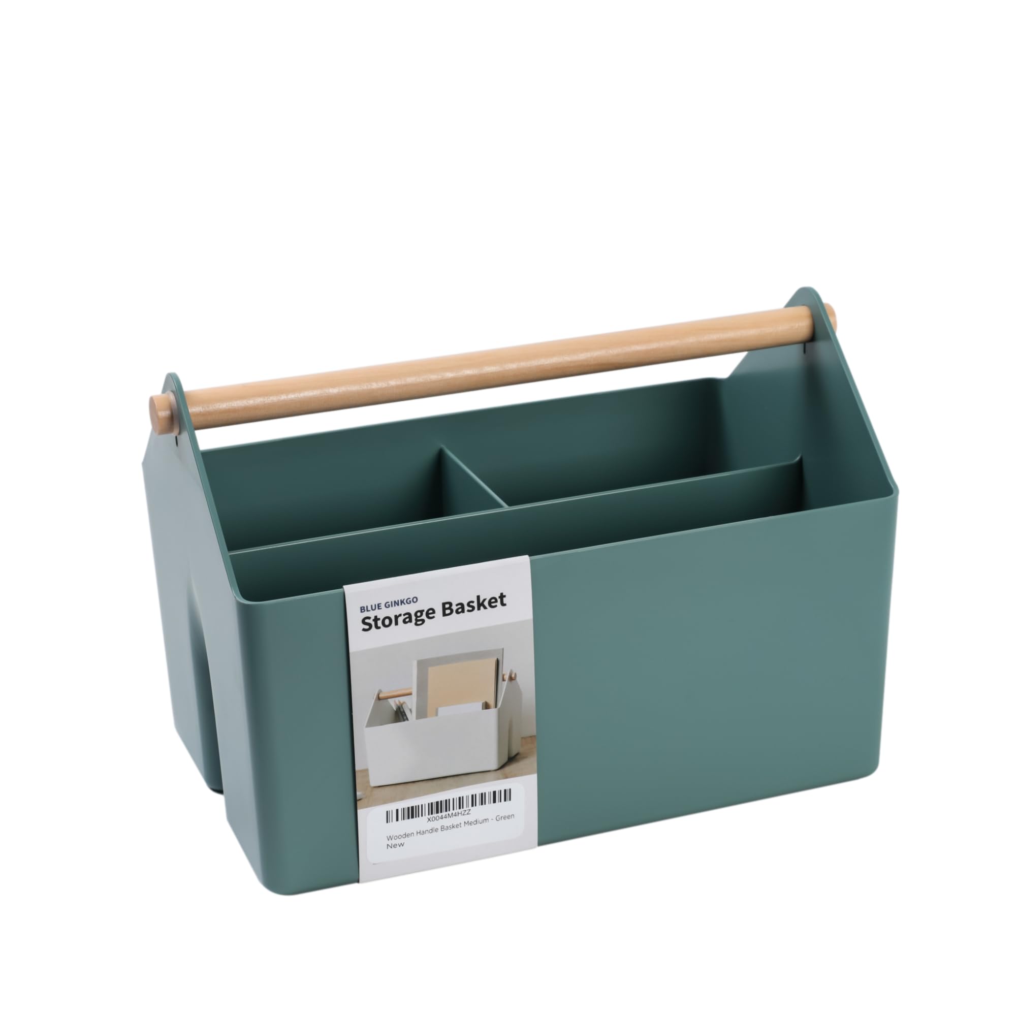 BLUE GINKGO Medium Storage Basket – Plastic Caddy with Wooden Handle for Office, Arts & Crafts, or Home Supplies (Green)