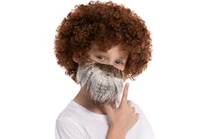 Spooktacular Creations 80s' Painter Brown Curly Clown Afro Wig and Beard, Disco Hippie Costume, Funky Curl Hair for kids for 70s/80s/90s Party Cosplay Halloween Funny Wig