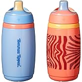 Tommee Tippee Active Spout Toddler Cups, 9 oz, Insulated Sippy Cups For Toddlers 1-3, Silicone Spout, Leak-Proof Valve and Handle, Orange and Blue, Pack of 2