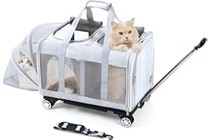BEAUTYMONKEY.K Double Compartment Cat Carrier with Wheels for 2 Cats,Large Cat Carrier for 2 Cats on Wheels,Expandable Cat Carrier for Two Cats (Not for Airline Approved)