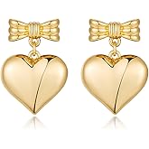 CUFELMU Gold Heart Dangle Earrings for Women Ribbon Bow Earrings