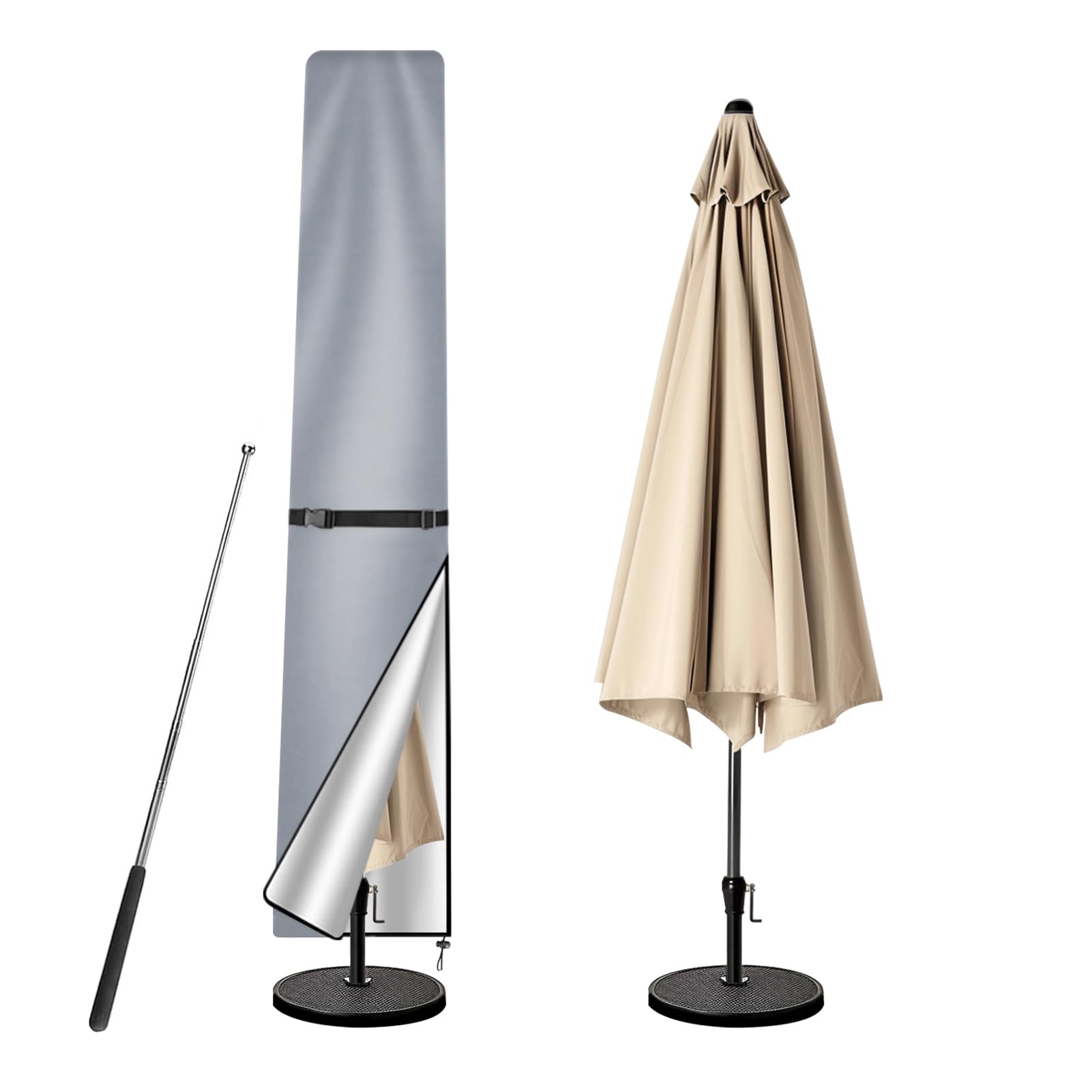 wiipara Parasol Cover with Rod, Parasol Protective Cover fit for Waterproof UV-Block Windproof Large Umbrella Cover with Zip and Storage Bag for Garden Outdoor (Grey, 170x25(top) x35(bottom) cm)