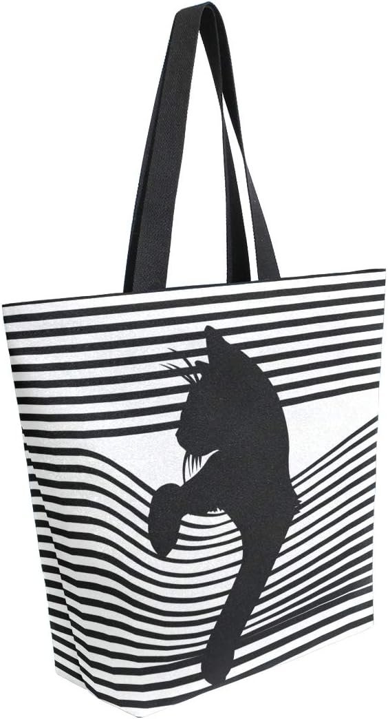 ISAOA Canvas Reusable Shoulder/Hand Tote Shopping Bags,Cute Black Cat with Stripe Travel Handbag College Bookbag for Women Girl - Image 4