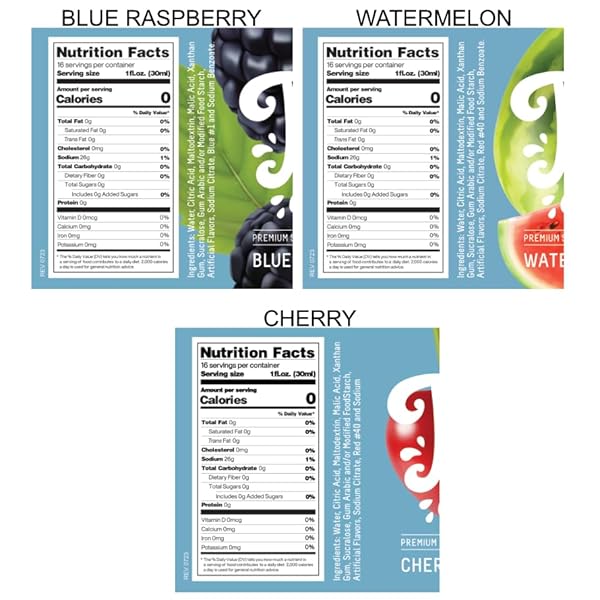 TIME FOR TREATS 3-PACK SUGAR FREE CHERRY, BLUE RASPBERRY, WATERMELON SYRUP 16.9 FLUID OUNCE PER BOTTLE FOR SNOW CONES, HOMEMADE SODAS, COCKTAILS, COFFEE, BAKING AND MORE
