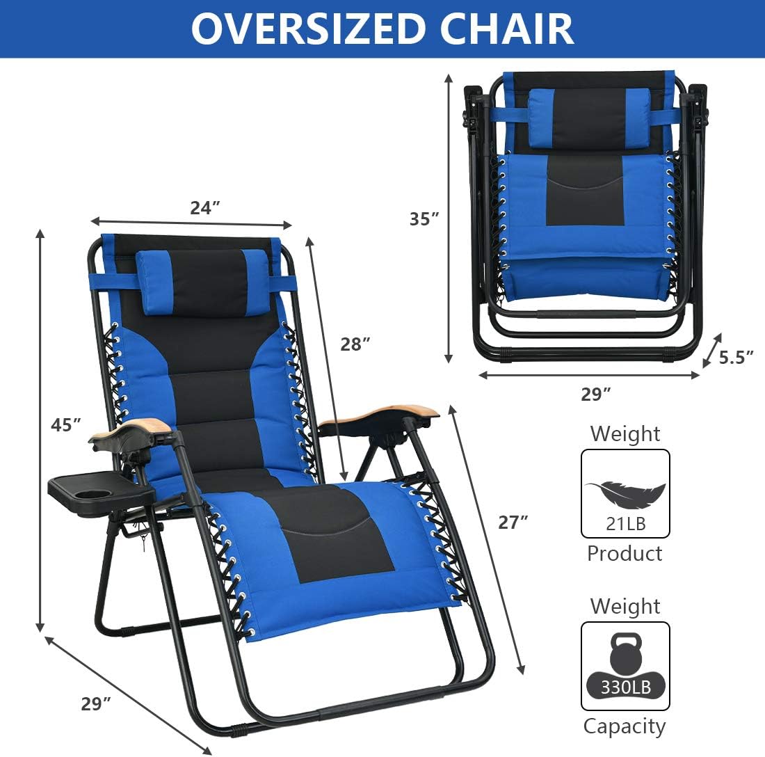 Patio Watcher Oversized Padded Zero Gravity Lounge Chair Patio Foldable Adjustable Reclining Chair with Cup Holder and Removable Pillow for Outdoor Yard Porch 1 Set : Garden & Outdoor