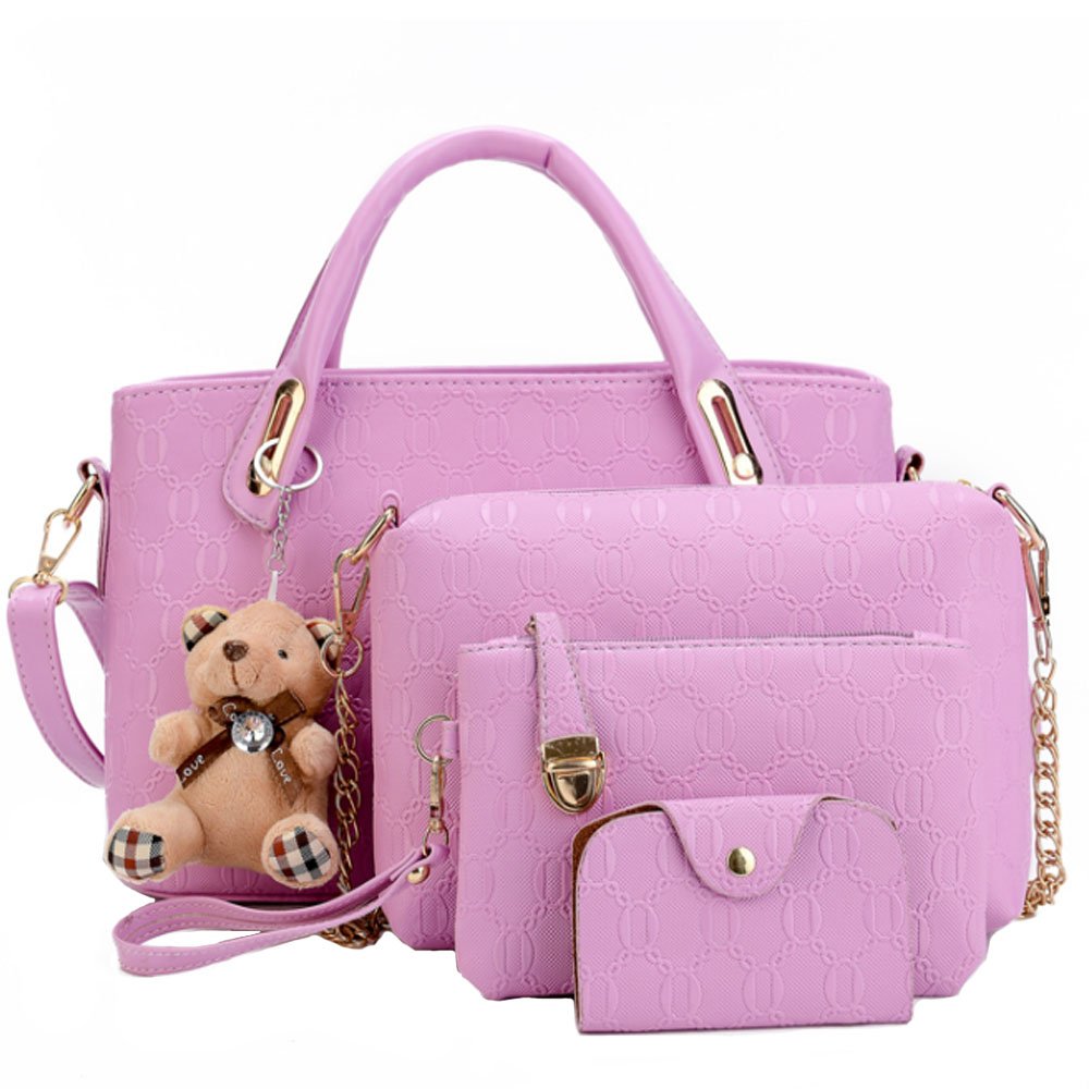 FiveloveTwo Women 4Pcs Bag Set Top Handle Satchel Hobo PU Leather Handbag Set Large Tote + Purse + Shoulder Bag + Card Holder Purple