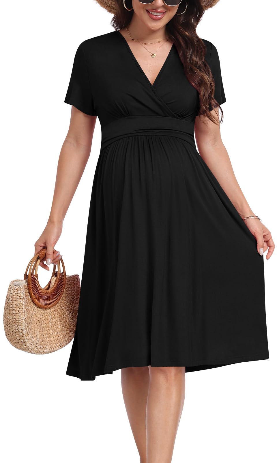 Photo 1 of DreamGlee Maternity Casual Short Sleeve Party Dress Summer Wrap V Neck Baby Shower Photoshoot Pregnancy Nursing Dresses, Black, M
