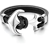 COOLSTEELANDBEYOND Stainless Steel Mens Marine Anchor Bangle Bracelet Multi-Strand Black Genuine Leather Wristband