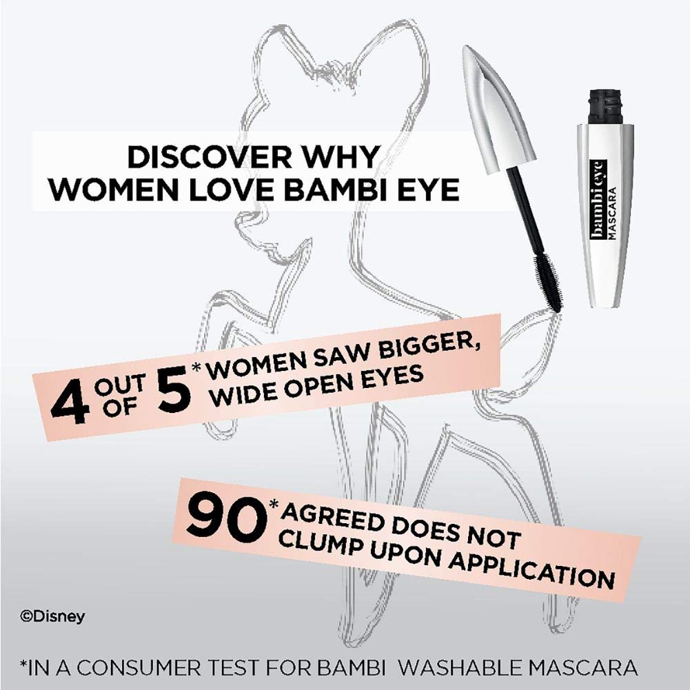 L'Oreal Paris Bambi Eye Washable Mascara, Doe Eyes, Lasting Volume, Length & Lift, Definition, No Clumping, No Smudging, Washable Blackest Black, 0.28 Fl. Oz., 1Count : Beauty
