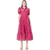 English Factory Women's Collar Neckline Gridded Organza Tiered Short Puff Sleeve Buttoned A-Line Maxi Dress