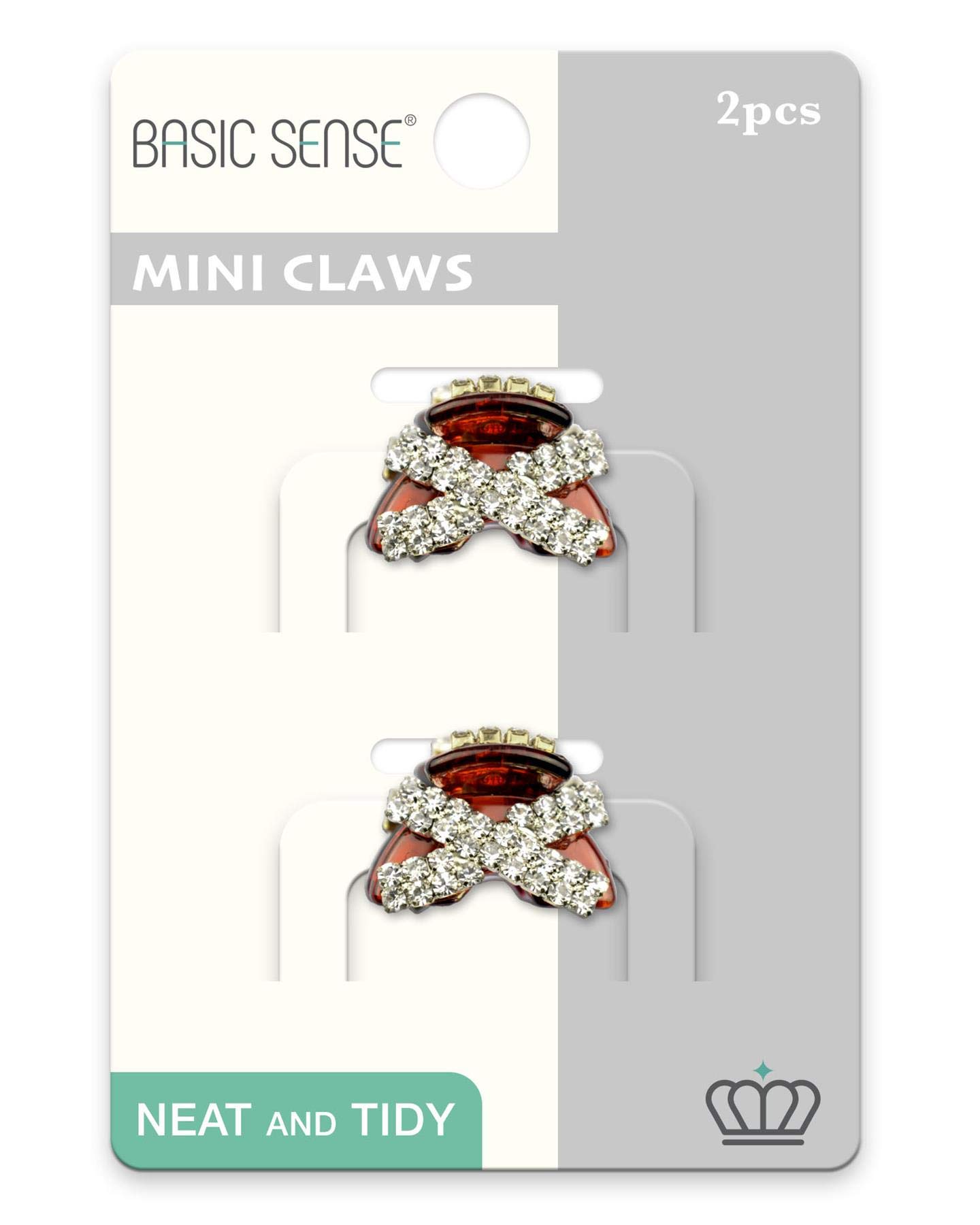2 Pieces Shiny Mini Diamante Crystal X Ribbon 1 inch -2.5cm Hair Claw Clips Clamp, Tortoise Brown