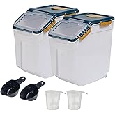 AnRui Airtight Flour Storage Container 25lb, Plastic Grain Storage Bucket, Rice Cereal Dispenser Organizer Box with Lid, Cat Dog Food Storage Bin with Measuring Cup, Scoop, Wheels, 2Pcs Blue