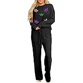 Opemiby Women Pajamas Set Loungewear Ribbed Long Sleeve Top and Pants with Pockets Lounge Pj Set Sleepwear