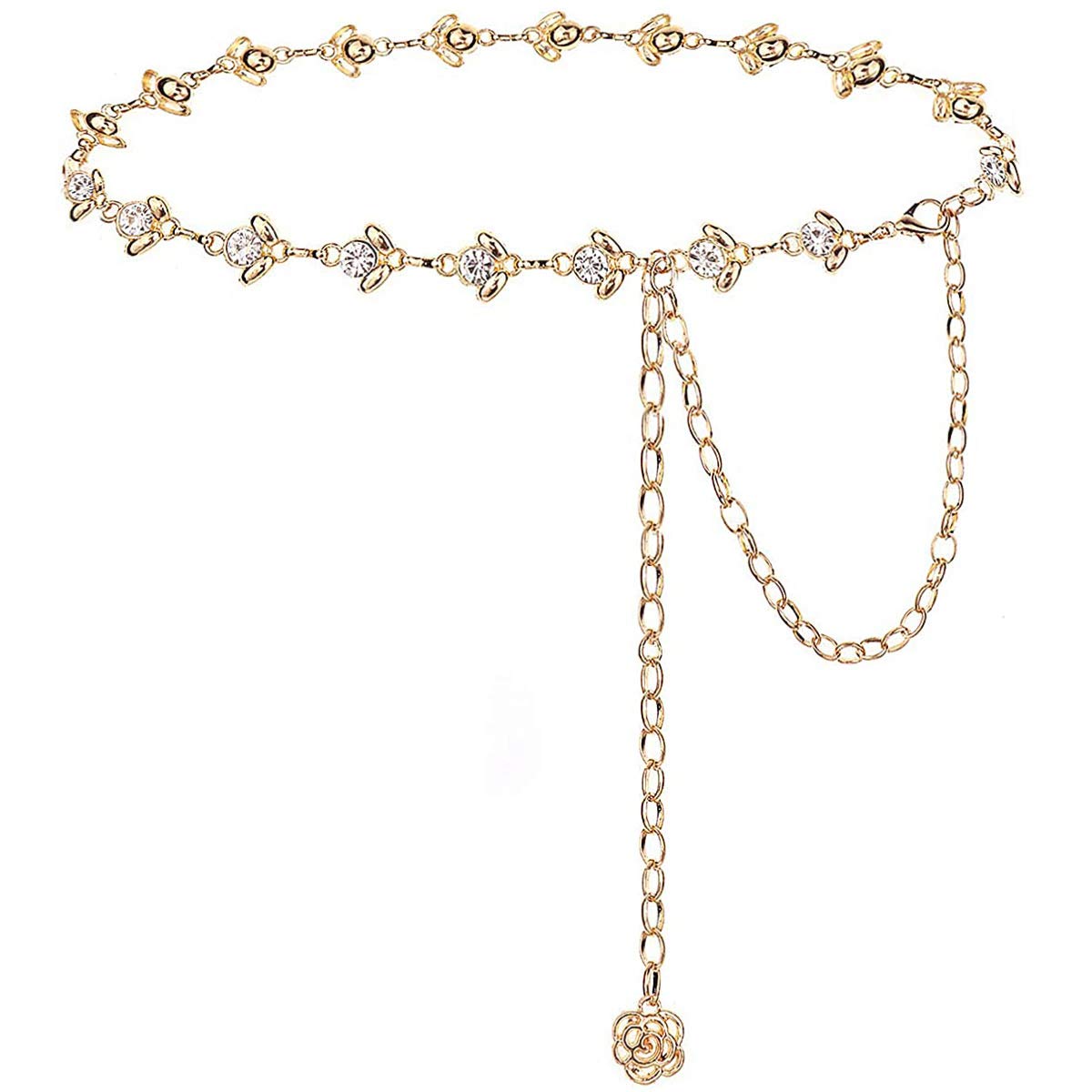 YooAi Chain Belt Rhinestone Waist Chain Metal Body Chain for Dress Gold 105cm