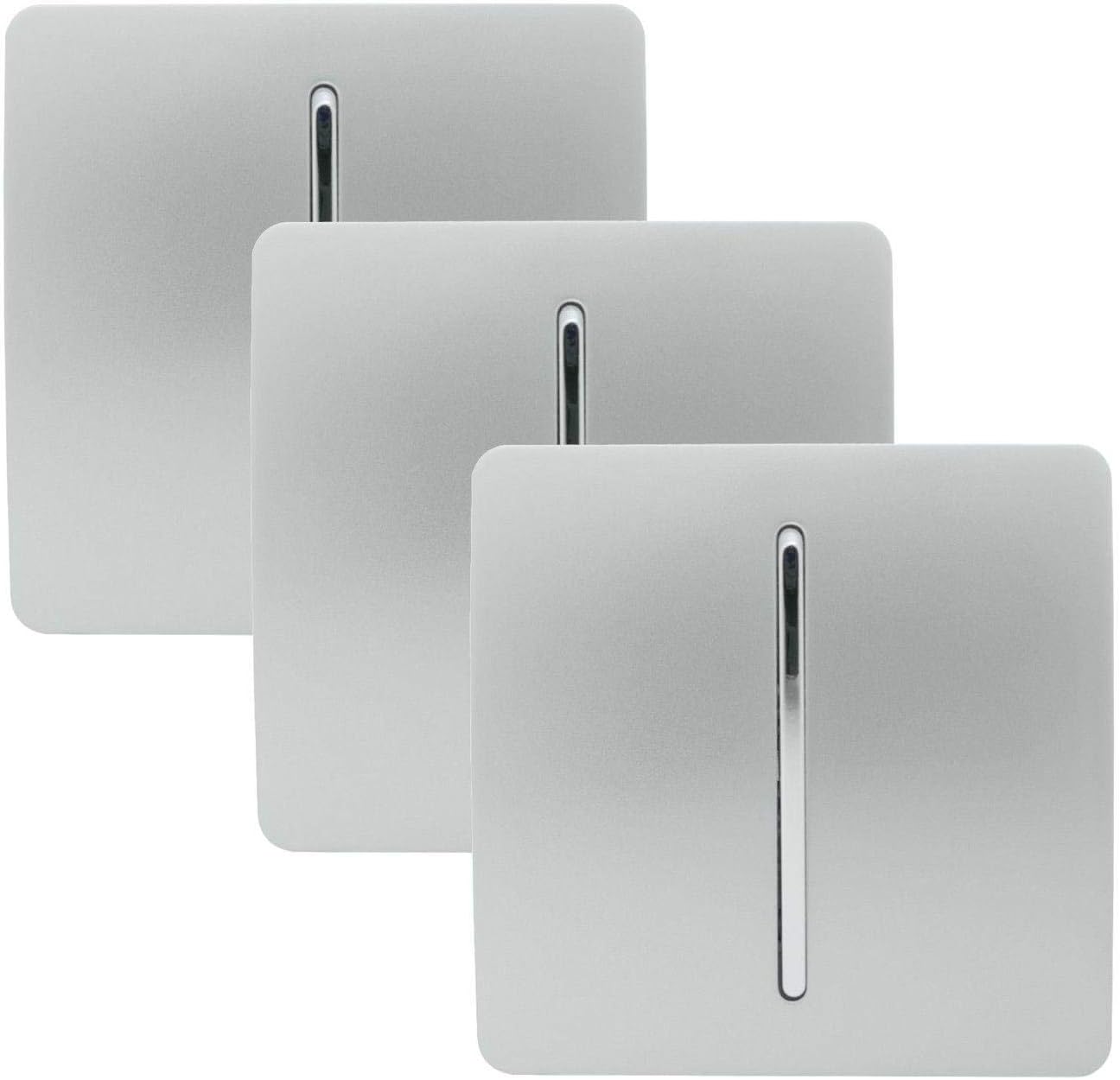 Trendi 1 Gang 2 Way Artistic Modern Glossy 10 Amp Rocker Tactile Light Switch Silver (3 Pack)