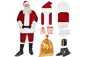 Yolent Santa Clause Outfits Christmas Santa Classic Suit Costume 9 Pcs for Adult Men Cosplay Deluxe Santa Dress