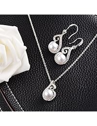 Morenitor (TM) juego de joyería de collar y aretes, collar con pendiente de perlas, aretes colgantes, set para bodas, regalo de Navidad.