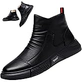 Keilinia Men Black Italian High-top Casual Leather Boots,2022 Fall New Round Toe Waterproof Non-slip Shock-absorbing Booties