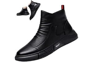 Keilinia Men Black Italian High-top Casual Leather Boots,2022 Fall New Round Toe Waterproof Non-slip Shock-absorbing Booties
