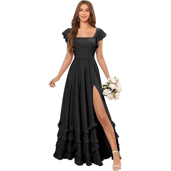 green emerald velvet dress A-Line Square Neck Short Ruffle Sleeves Floor Length Chiffon Bridesmaid Dress, Dusty_Sage main image 1